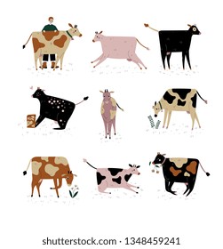 Cows of Different Breeds Set, Cattle Breeding, Farming, Dairy Cattle, Vector Illustration