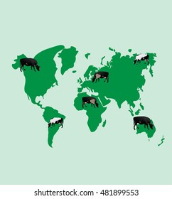 Cows of different color on a green map of the world. Vector