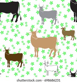 Cows of different colors, dairy cows on a flower meadow, on white background, seamless pattern. Freehand drawing vector.  