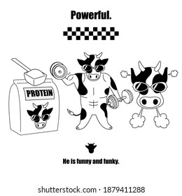 Cows are drinking protein and getting fit. Illustration of a funny and funky cow.