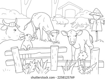  Cows Eating Grass On Farm Animal Coloring Page. Farm Animal coloring page for kids. 