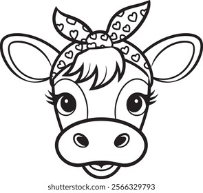 A cow's face, adorned with a patterned bandana tied into a bow on its head vector illustration