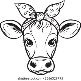 A cow's face, adorned with a patterned bandana tied into a bow on its head vector illustration