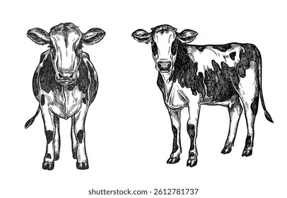 Cows Farm Animals - Vector sketch ink illustration. Engraving style hand drawn elements isolated on white background.