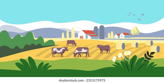 Cows in farm cartoon. Rural countryside landscape with meadow