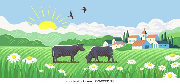 Cows in farm cartoon. Rural countryside landscape with meadow