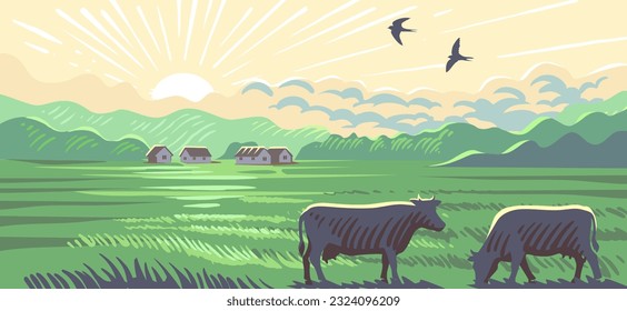 Cows in farm cartoon. Rural countryside landscape with meadow