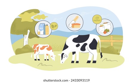 Cows in farm and organic products vector illustration. Milk, homemade bread, vegetables and fruits. Farm products, animal protection concept