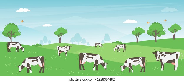 El cultivo de vacas en primavera verde predomina el concepto de negocio agrícola. Los terneros comen hierba fresca. Ilustración vectorial de campo animal rural. Pancarta de la industria ganadera ganadera.