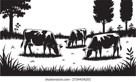 Cows feeding on grass outdoors in summer, farm animals, idyllic countryside scenery, peaceful pasture, natural habitat.