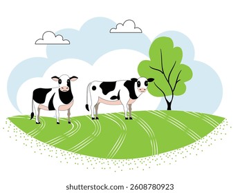 Cows in the field, eating grass. A village dairy farm.
