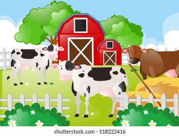 Cows in the field of the farm illustration