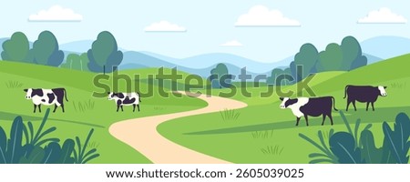 Cows in the field and meadows vector illustration. Cows graze on a green field against the background of forest and mountains. Cows walk in the meadows.