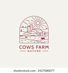 Cows in front of Farm barn with silos line art logo. Cattle farm hipster badge logo design concept 