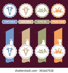 Cow's and goat milk - Olive oil - Fresh juice - Vector vertical ribbons and badge icons set
