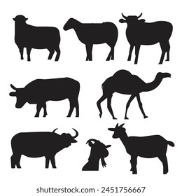 Vacas, cabras, camello en diferentes poses Vector conjunto. Siluetas