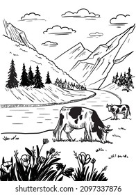 Cows graze in alpine meadows vector illustration