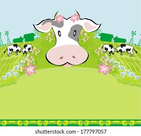 Cows graze in the meadow - abstract  funny illustration