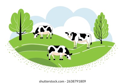 Cows graze in the meadow, the livestock of the village, on a dairy farm. Hand drawn, not AI
