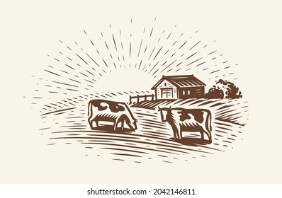 Cows graze in meadow near farm. Hand drawn graphical rural landscape. Sketch vector illustration