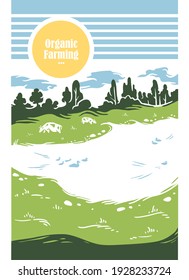 Cows graze on green grass by a lake with ducks on a clear sunny day. A poster with the caption: organic farming. Vector illustration.