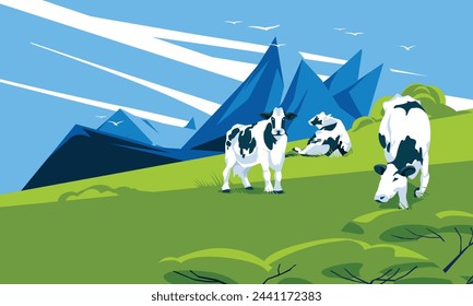 cows graze on a green mountain valley. The concept of dairy production. Ecological agriculture. Pets. Vector flat illustration