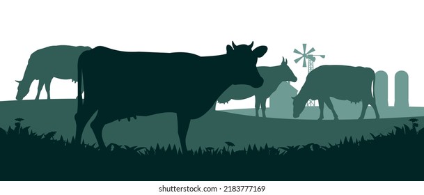 Cows graze in pasture. Picture silhouette. Farm pets. Rural landscape with farmer house. Domestic farm animals for milk and dairy products. Isolated on white background. Vector.