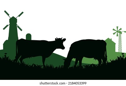 Cows Graze In Pasture. Picture Silhouette. Farm Pets. Rural Landscape With Farmer House. Domestic Farm Animals For Milk And Dairy Products. Isolated On White Background. Vector.