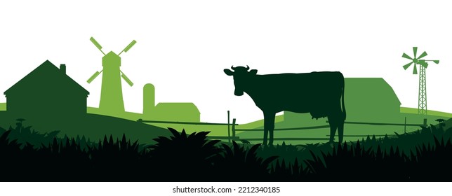 Cows graze in pasture. Picture silhouette. Farm pets. Rural landscape with farmer house. Domestic farm animals for milk and dairy products. Isolated on white background. Vector