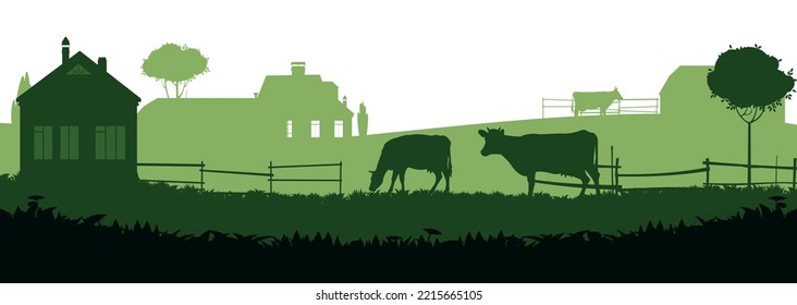 Cows graze in pasture. Picture silhouette. Farm pets. Rural landscape with farmer house. Domestic farm animals for milk and dairy products. Isolated on white background. Vector.