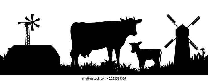 Cows graze in pasture. Picture silhouette. Farm pets. Domestic farm animals for milk and dairy products. Isolated on white background. Vector.