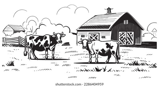 Cows grazing in the field on the background of the farm hand drawn sketch illustration