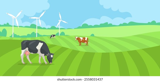 Cows grazing in a green field with wind turbines in background. Vector illustration