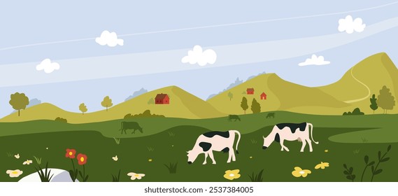 Vacas pastando em um prado verde. Animal Rural. Ilustração do vetor da bandeira do setor pecuário.