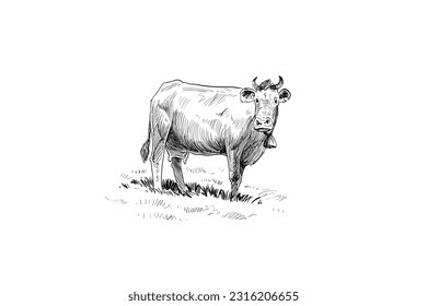 Cows are grazing in a meadow. Sketch hand drawn vector illustration.