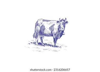 Cows are grazing in a meadow. Sketch hand drawn vector illustration.