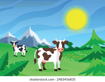 Cows grazing in the meadow. Summer day. Cartoon vector illustration. Flat style.