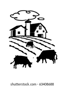 Cows Grazing On Farm - Retro Clipart Illustration