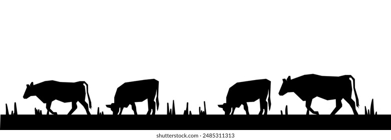 Cows grazing on a farmland, silhouette black and white background vector illustration