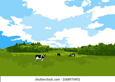 Cows grazing on meadow, cow silhouette in field eating grass. Vector landscape of cows on pasture for farm store or market. Milk, dairy, farm product design element.