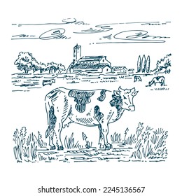 Cows grazing on meadow, farm or ranch on background. Hand drawn engraving style illustration.