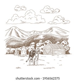 Vacas pastoreando en la pradera. Tierras de granjas extraídas a mano con ilustración vectorial de granero. Paisaje rural, boceto de cosecha de vintage de pueblo