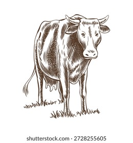 Vacas pastando no prado. Ilustração de vetor desenhada à mão. Esboço vintage de aldeia rural