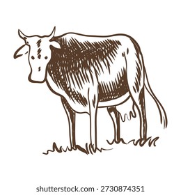 Vacas pastando no prado. Ilustração de vetor desenhada à mão. Esboço vintage de aldeia rural
