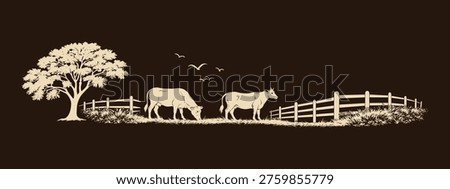 Cows grazing pasture with fences flat farm vector