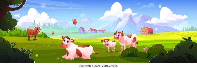 Cows grazing in summer mountain meadow. Vector cartoon illustration of farm animals with calf standing and lying on green grass, butterflies flying in air, alpine village houses and barn in field