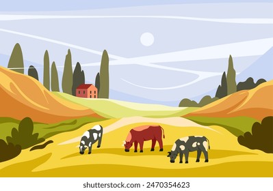 Cows Grazing in Valley vector