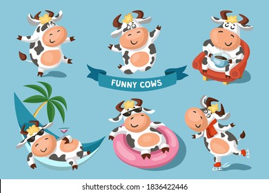 The cows are having fun on vacation. A set of funny cute black and white spotted cows in different poses, playing and relaxing. Cartoon vector illustration.