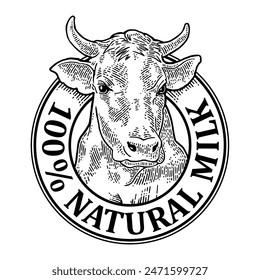 Cows head. 100 Natural Milk lettering. Vintage vector engraving illustration for label. Hand drawn in a graphic style.