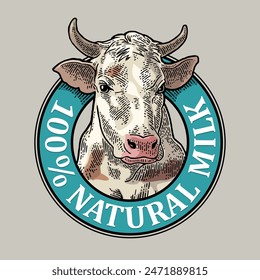 Cabeza de vaca. 100 Letras de leche natural. Ilustración de grabado de Vector de Antiguas para etiqueta. Dibujado a mano en un estilo gráfico.